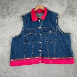 Baccini Denim Vest Womens 22/24 Blue Pink Contrast Trim Embroidered Boho Vintage